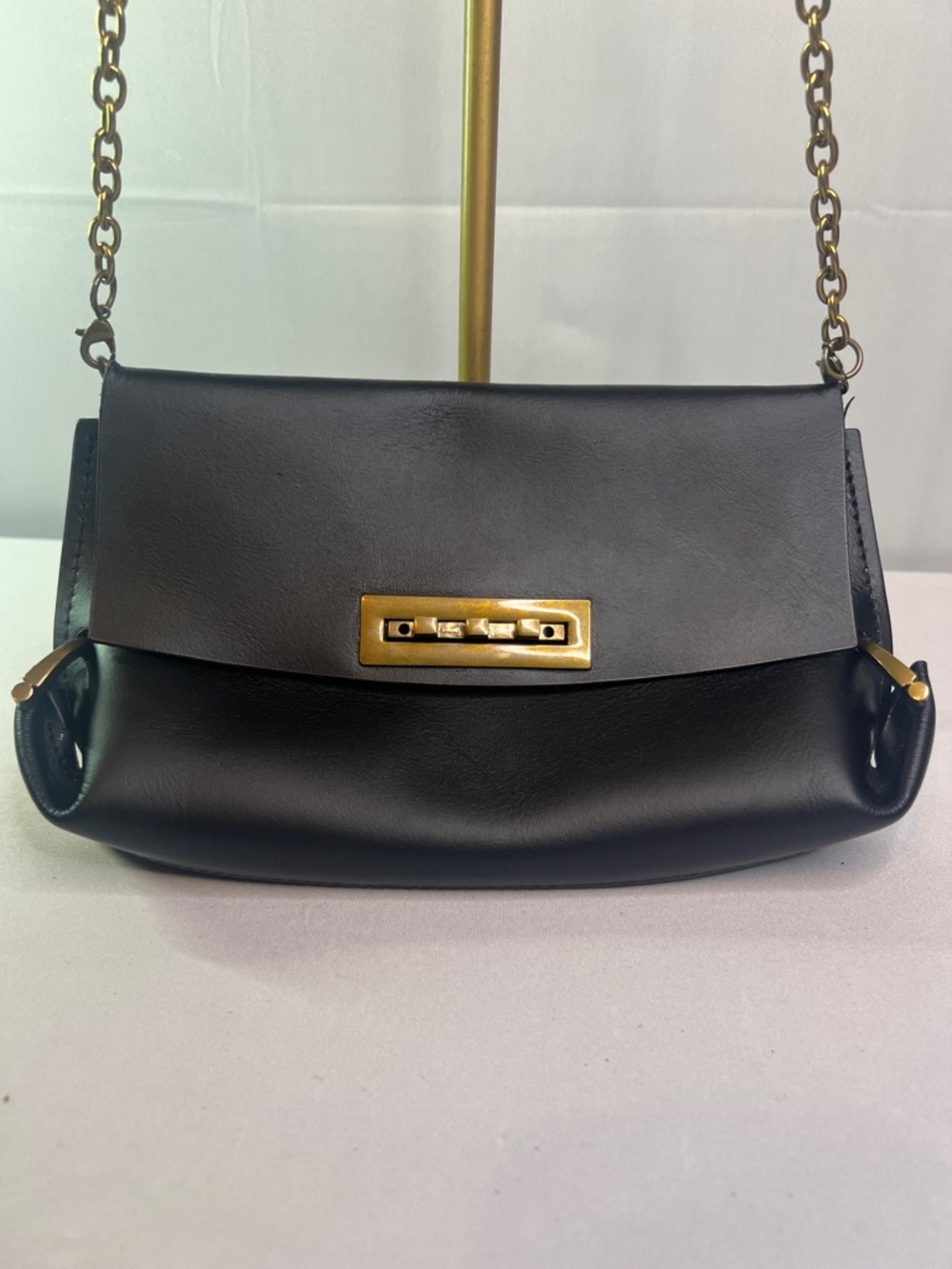 ZAC Zac Posen Black Leather Chain Shoulder Bag with Gold Hardware